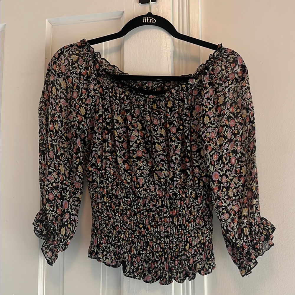 Anthropologie Black and White Smocked Ruffled Blouse
